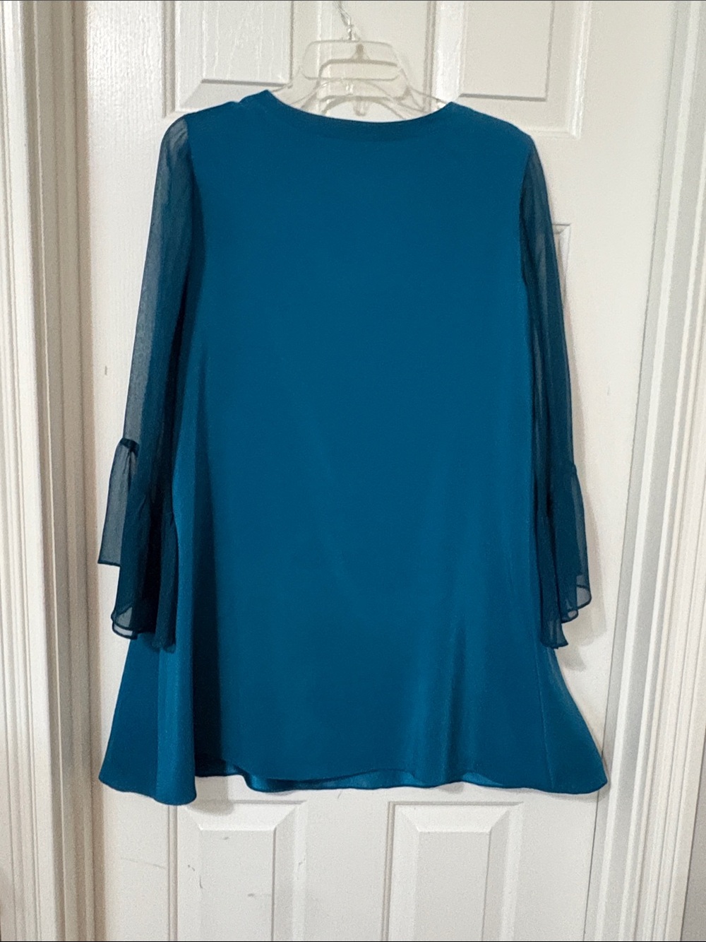 Amanda Uprichard Teal Shift Dress with Sheer Bell Sleeves - Picture 4 of 5